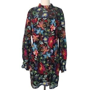 Adelyn Rae Black Bright Floral Embroidered Long Sleeve Cocktail Dress- XXL / 2XL
